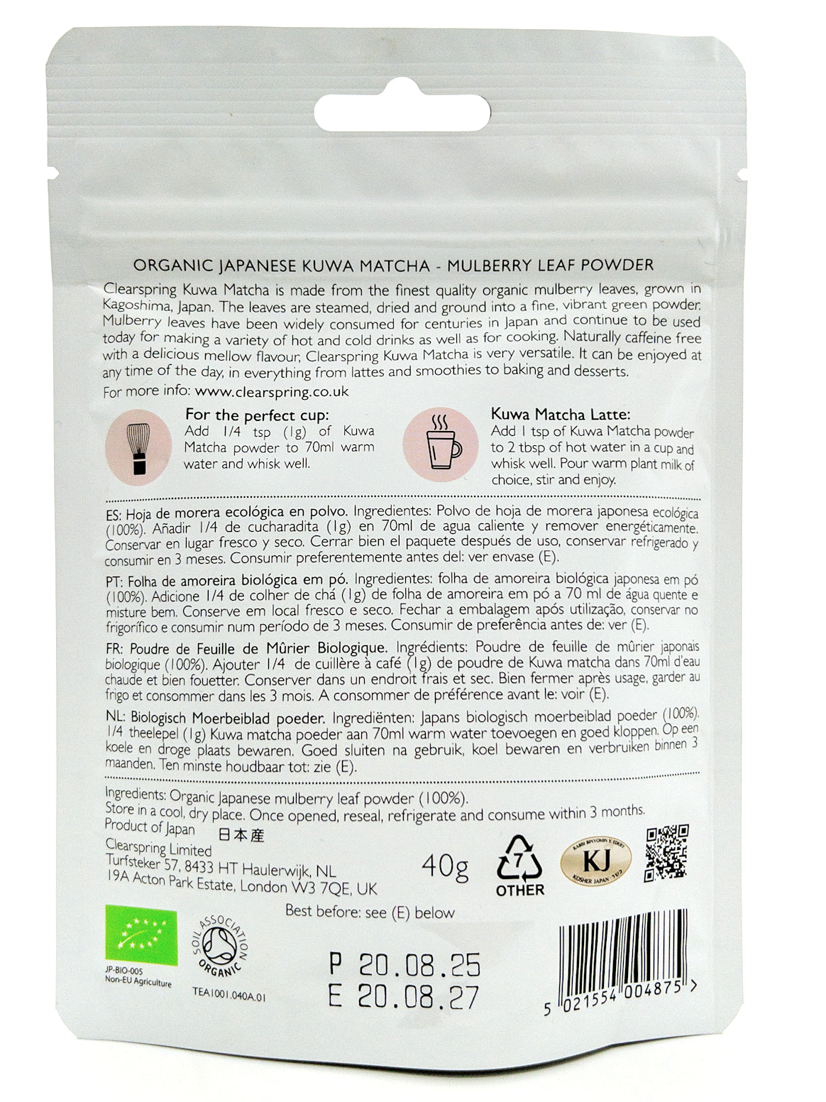 Kuwa matcha – Biologisch moerbeibladeren poeder – 40 g – Clearspring